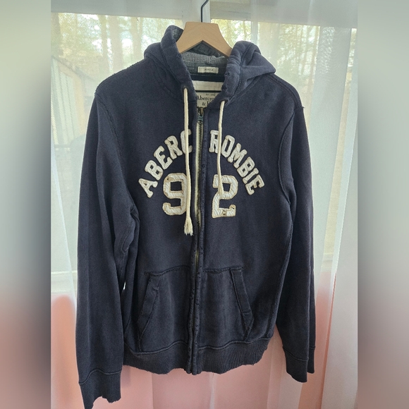 Abercrombie & Fitch Tops - Vintage Abercrombie & Fitch Navy Blue Hoodie with Cream Applique